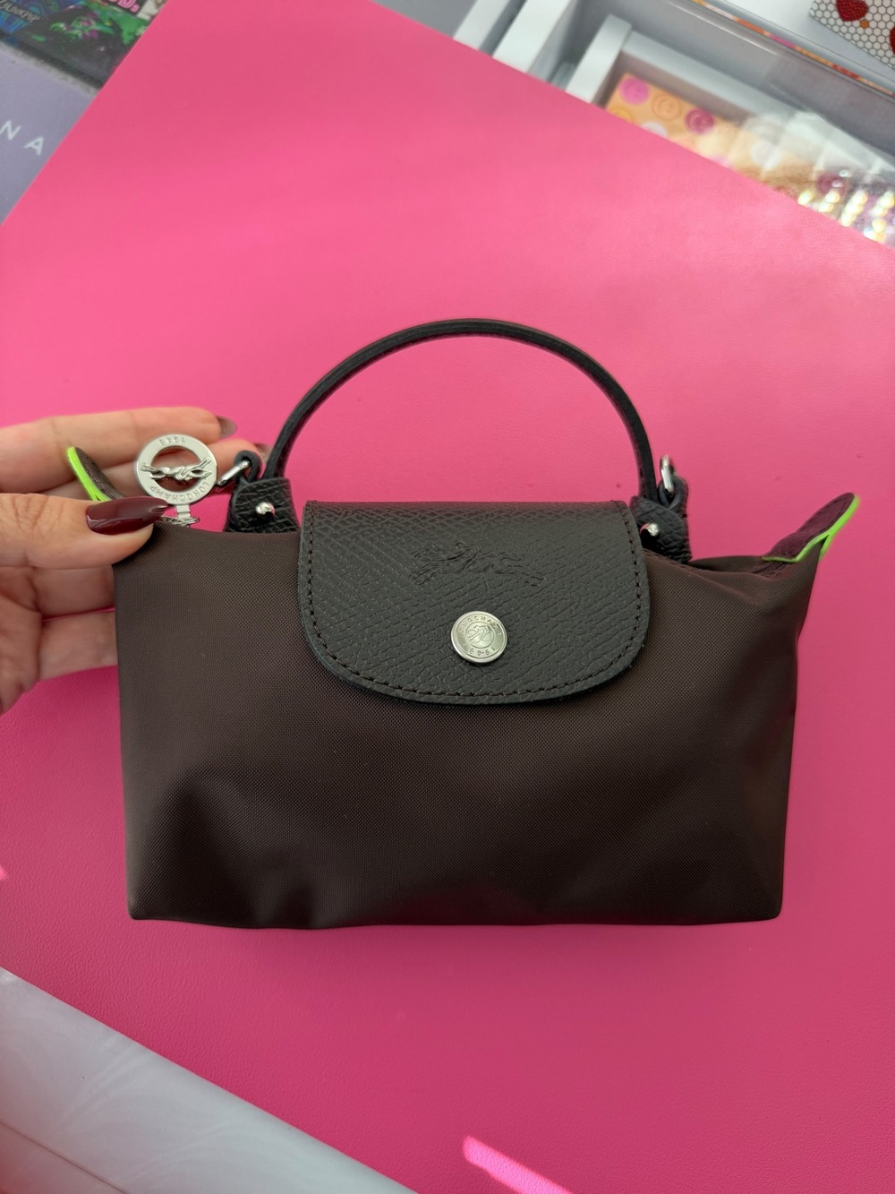 Longchamp Le Pliage Brown Mocha Mini Pouch Green edition